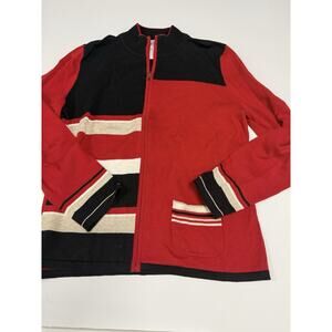 Jones NY Sport Women's Sweater Zip Front Red Black White Striped All Cotton